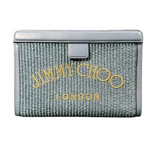 Jimmy Choo Avenue Raffia & Leather Pouch Clutch Smoky Blue